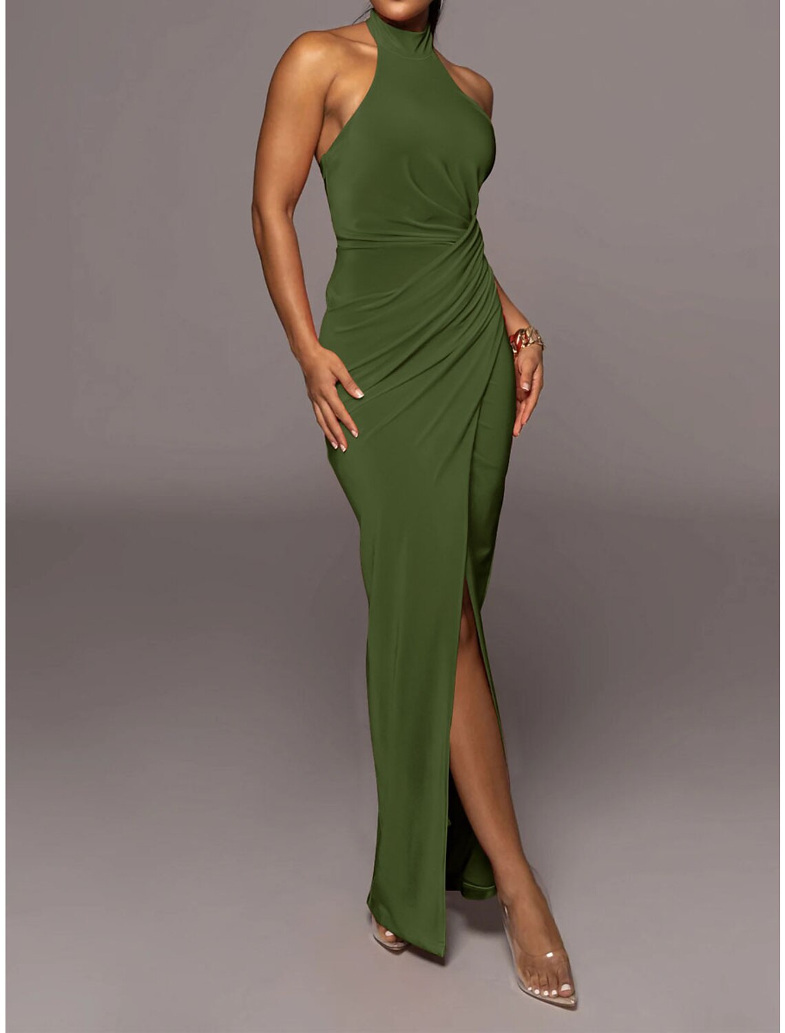 Vestido de fiesta para mujer, vestido de fiesta, vestido de bienvenida, vestido largo, vestido maxi, negro, verde militar, azul, sin mangas, color puro, fruncido, verano, primavera, cuello halter, fiesta, noche, fiesta, boda, vestido de verano ajustado